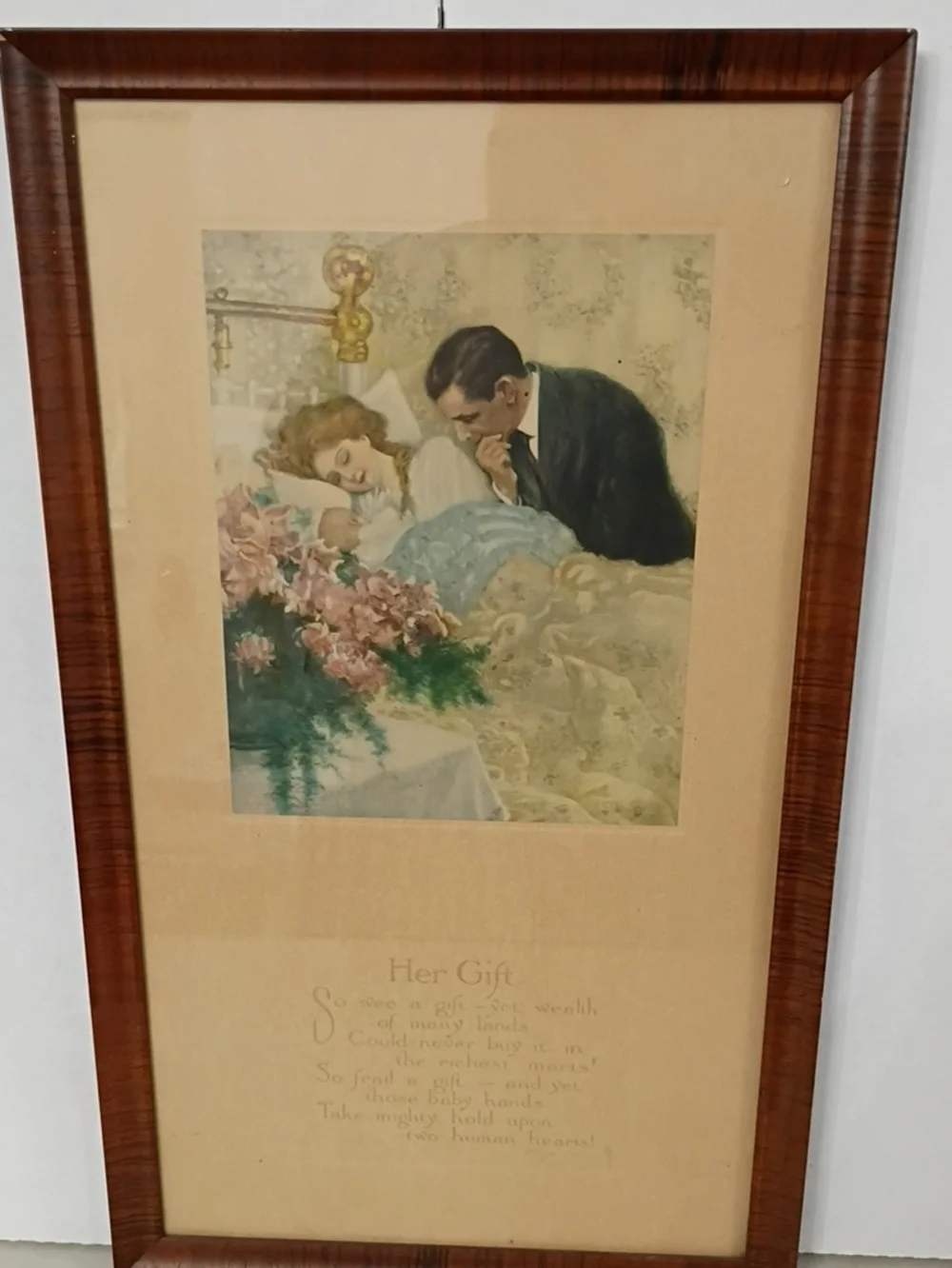 Vintage Brown-Framed Pastel Mother and Child Art Print